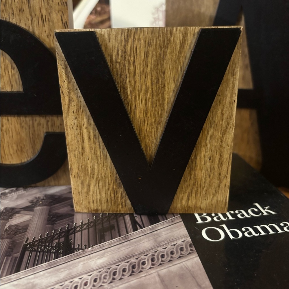 Decorative Wooden Block/Plaque Metal Letter A Wall Accent- Black on Natural Wood